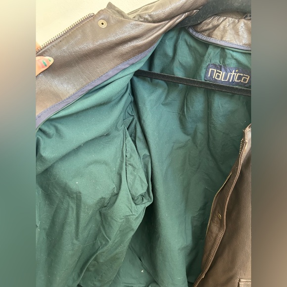 Vintage Nautica Brown Leather Bomber Jacket Large - Picture 4 of 7